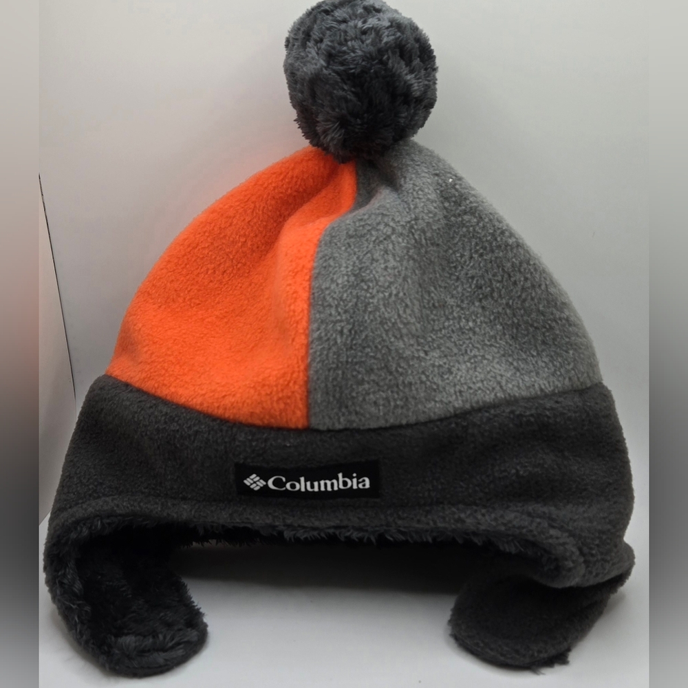 🪀 ❄️ Columbia Fleece Hat Orange & Grey w/Earflaps & Pom Pom Youth Sm Very Warm!